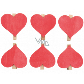 Wooden heart on a red clip 6 cm 6 pieces