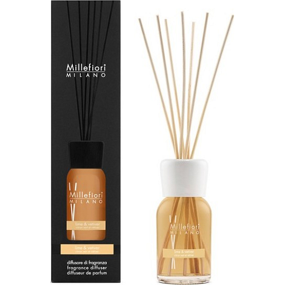 Millefiori Milano Natural Lime & Vetiver - Lime and vetiver Diffuser 100 ml + 7 stalks 25 cm long for smaller spaces lasts 5-6 weeks
