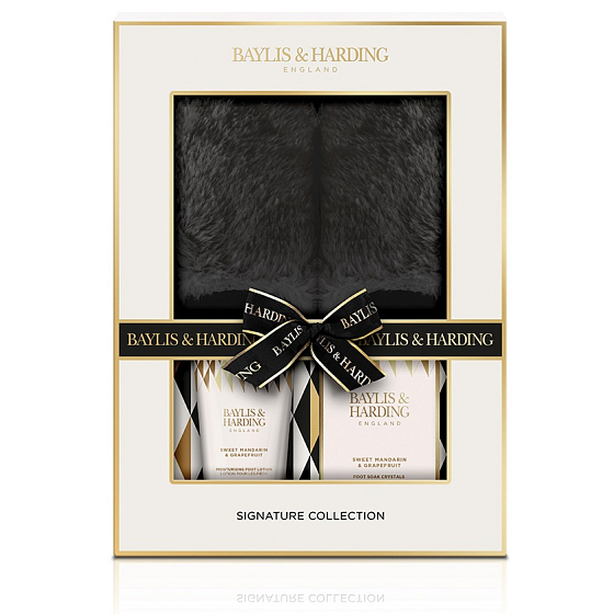 Baylis & Harding Tangerine and Grapefruit foot cream 140 ml + foot bath salt 100 g + slippers with imitation fur, cosmetic set for women
