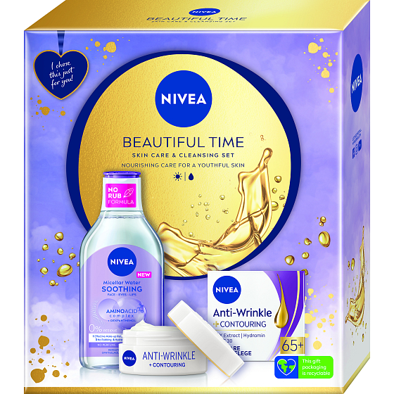 Nivea Beautiful Time Soothing Aminoacid Complex soothing micellar water 400 ml + Anti Wrinkle 65+ day cream 50 ml, cosmetic set for women