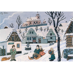 Albi Playing Christmas envelope card Children in the village sledging 14,8 x 21 cm