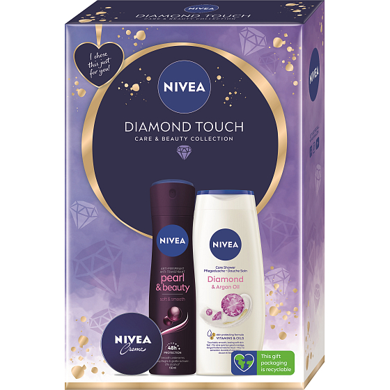 Nivea Diamond Touch Creme cream for basic care 30 ml + Pearl & Beauty antiperspirant deodorant spray 150 ml + Diamond & Argan Oil shower gel 250 ml, cosmetic set for women