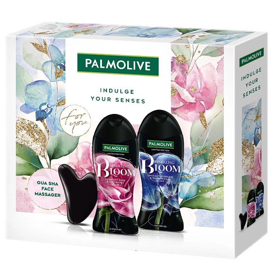 Palmolive Sparkling Bloom Midnight Rose & Iced Peony shower gel 250 ml + Enchanted Orchid & Warm Vanilla shower gel 250 ml + Gua sha facial massage tool, cosmetic set for women