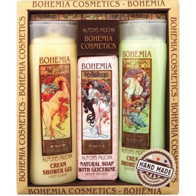 Bohemia Gifts Alfons Mucha Honey and grain cream shower gel 200 ml + toilet soap with glycerin with extracts of olive and citrus leaves 125 g + olive and citrus cream shower gel 200 ml, cosmetic set