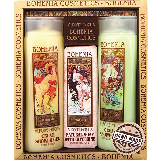 Bohemia Gifts Alfons Mucha Honey and grain cream shower gel 200 ml + toilet soap with glycerin with extracts of olive and citrus leaves 125 g + olive and citrus cream shower gel 200 ml, cosmetic set