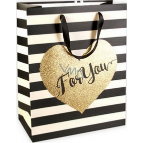 Ditipo Gift paper bag Glitter 26.4 x 13.6 x 32.7 cm black-beige stripes, gold heart QAB