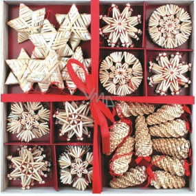 Straw decoration in wooden box 56 pieces