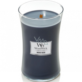WoodWick Indigo Suede - Blue suede scented candle with wooden wick and lid glass large 609 g