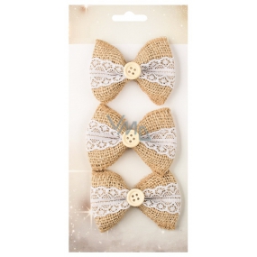 Jute bow with lace and button 7 cm, 3 pieces