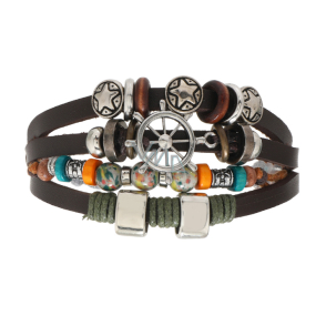 Leather multi-layered bracelet, symbol helm + star, adjustable size