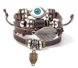 Leather multi-layer bracelet, blue eye + owl symbol, adjustable size