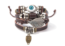 Leather multi-layer bracelet, blue eye + owl symbol, adjustable size