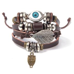 Leather multi-layer bracelet, blue eye + owl symbol, adjustable size