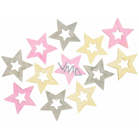 Star wooden pink-yellow-gray 4 cm 12 pieces