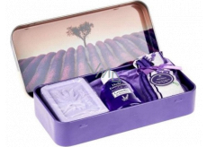 Esprit Provence Lavender toilet soap 60 g + scented bag + essential oil 12 ml + tin box with a picture of a tree in a lavender field, cosmetic set for women