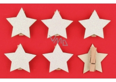 Wooden white stars with glitter, on a peg 4.5 cm 6 pieces