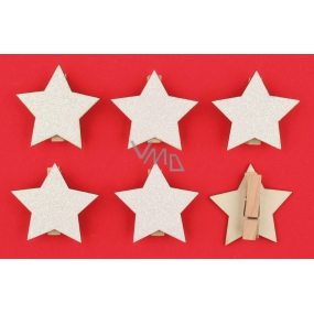 Stars with glitter, white wooden on peg 4,5 cm 6 pieces