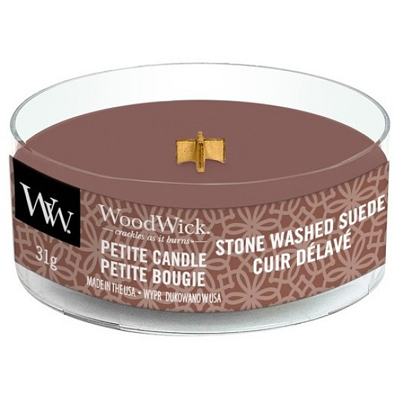 WoodWick Stone Washed Suede - Scented Candle with Wooden Wick Petite 31 g
