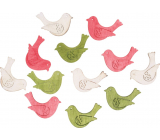 Wooden birds green-pink-white 4 cm 12 pieces