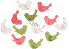 Wooden birds green-pink-white 4 cm 12 pieces