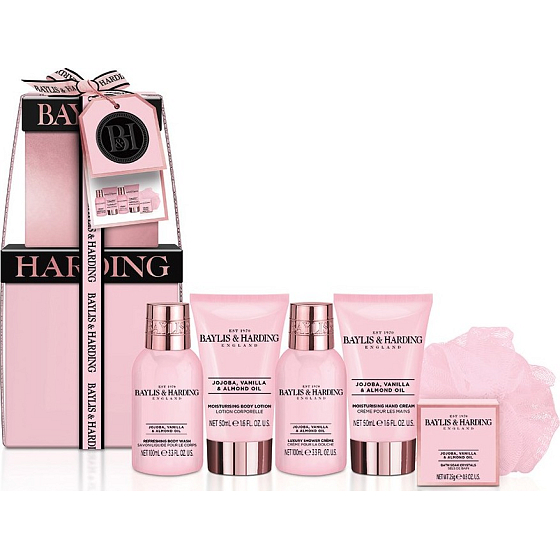 Baylis & Harding Jojoba, Vanilla and Almond oil cleansing gel 100 ml + shower cream 100 ml + body lotion 50 ml + hand cream 50 ml + bath crystals 25 + washcloth, cosmetic set