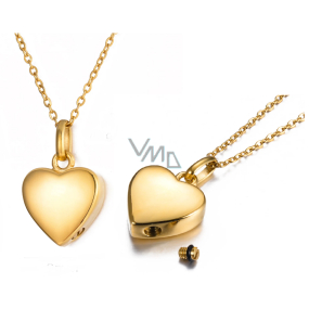 Commemorative urn pendant, Heart shiny gold, waterproof, stainless steel 19 x 29 mm + chain 50 cm