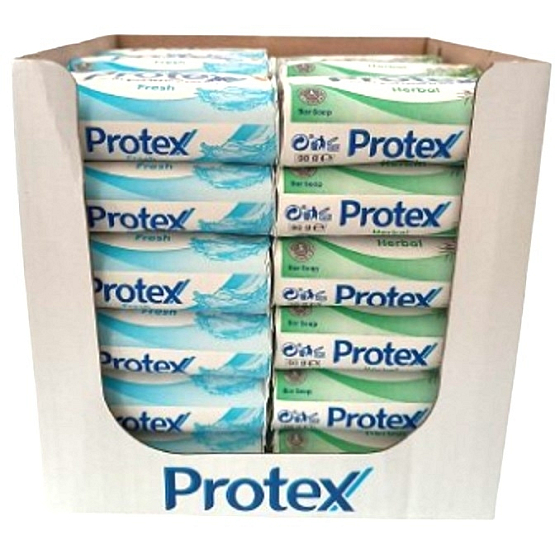 Protex Fresh a Protex Herbal tuhé toaletní mýdlo, 18 × 90 g každé, balení s etiketami značky
