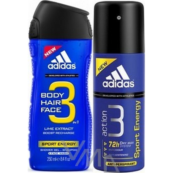 Adidas Sport Energy 3 in 1 shower gel for body, hair and face for men 250 ml + antiperspirant deodorant spray 150 ml, cosmetic set