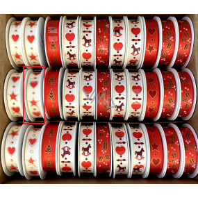 Ditipo Ribbon satin Villach Cream with red hearts and stars 3 mx 15 mm