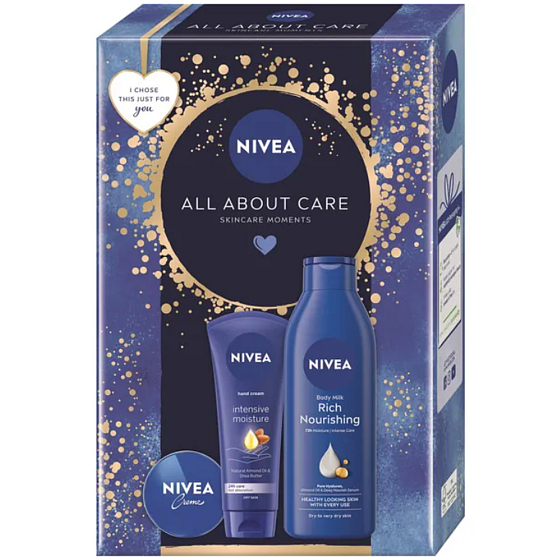 Nivea All about Care Intensive hand cream 75 ml + Nivea Rich Nourishing body lotion 250 ml + Nivea Creme basic care cream 30 ml, cosmetic set