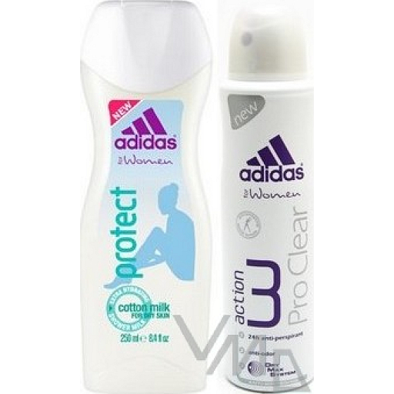 Adidas Protect Shower Gel 250 ml + Adidas Action 3 Pro Clear antiperspirant deodorant spray for women 150 ml, cosmetic set
