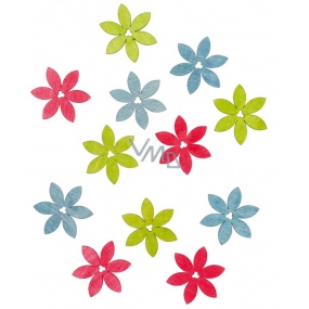 Flowers wooden green, pink, blue 4 cm 12 pieces