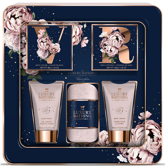 Grace Cole Velvet Rose & Peony cleansing gel 75 ml + body cream 75 ml + bath crystals 100 g + bath pearls 80 g + flannel washcloth, cosmetic set for women