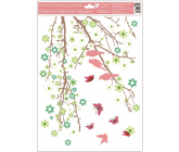 Window foil without glue 2 branches green flowers with glitter 42 x 30 cm