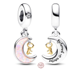 Charm Sterling silver 925 moon and key, cubic zirconia, pink opal created in the laboratory, bracelet pendant universe