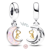 Charm Sterling silver 925 moon and key, cubic zirconia, pink opal created in the laboratory, bracelet pendant universe