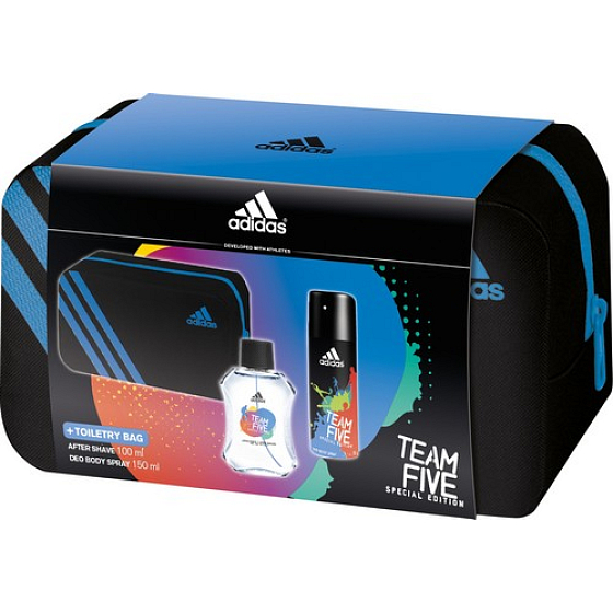 Adidas Team Five aftershave 100 ml + deodorant spray 150 ml + toilet bag, cosmetic set