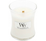 WoodWick White Teak - White teak scented candle with wooden wick and glass lid small 85 g