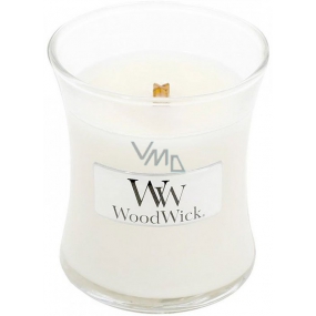 WoodWick White Teak - White teak scented candle with wooden wick and glass lid small 85 g