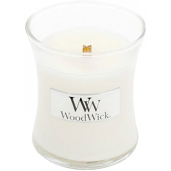 WoodWick White Teak - White teak scented candle with wooden wick and glass lid small 85 g
