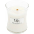 WoodWick White Teak - White teak scented candle with wooden wick and glass lid small 85 g