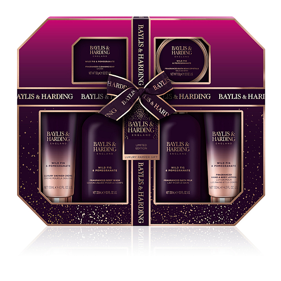 Baylis & Harding Fig and Pomegranate washing gel 300 ml + bath milk 300 ml + toilet soap 150 g + shower cream 130 ml + body lotion 130 ml + bath salt 100 g, cosmetic set for women