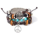Leather multi-layered bracelet, angel wing + Hippies symbol, adjustable size