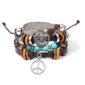 Leather multi-layered bracelet, angel wing + Hippies symbol, adjustable size