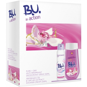 BU In Action Pure + Dry antiperspirant deodorant spray for women 150 ml + Abyssian Oil & Orchid Extract shower gel 250 ml, cosmetic set
