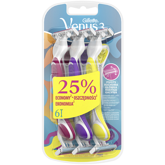 Gillette Venus Simply 3 disposable razor with lubricating strip 3 colors, 6 pieces for women