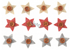Star with button and glue Beige, red, grey 3 cm 12 pieces in bag
