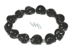 Magnesite / Howlite black Skull hand carved, bracelet elastic natural stone 10 mm / 16 - 17 cm, cleansing stone