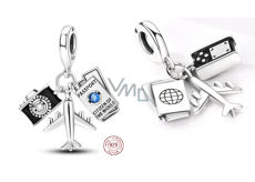 Charm Sterling Silver 925 Passport, Airplane, Camera 3in1, Travel Bracelet Pendant