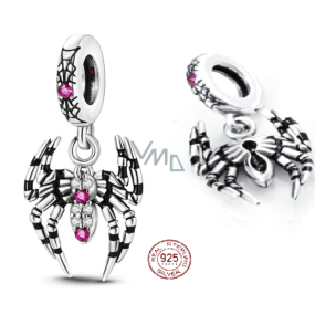 Charm Sterling silver 925 Spider, Black Widow with pink and white cubic zirconia, animal bracelet pendant